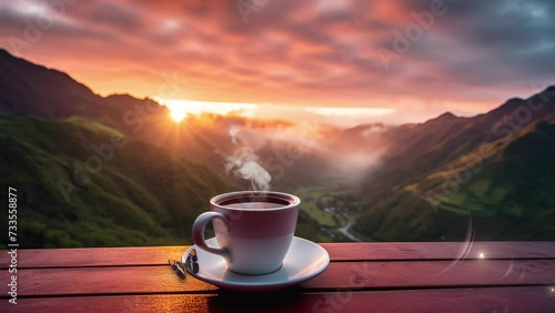 beautiful sunrise background. morning cup of coffee with mountain background. morning coffee in the mountains. seamless looping overlay 4k virtual video animation background  photo