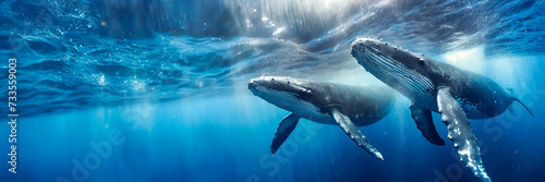 Humpback whales swimming in the ocean. Underwater scene. Panoramic banner with copy space