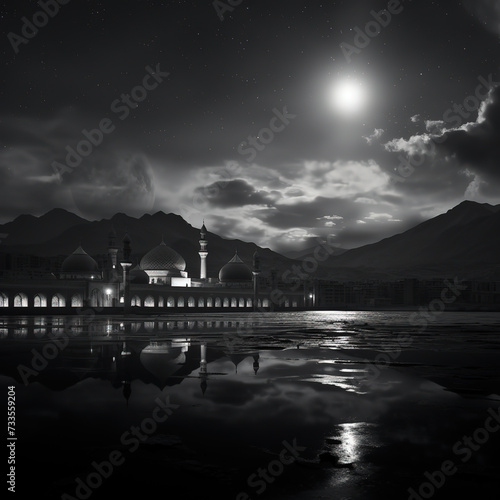 a view of a mosque with a full moon in the background
