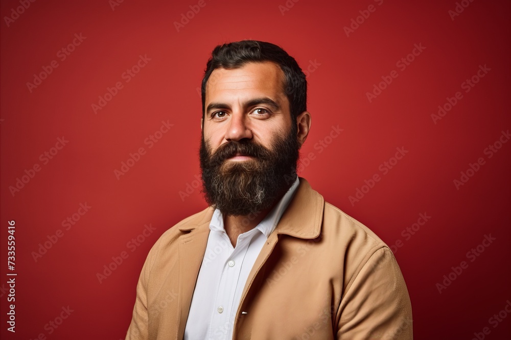 Portrait of a bearded man in a jacket on a red background. Portrait of a bearded man in a jacket on a red background.