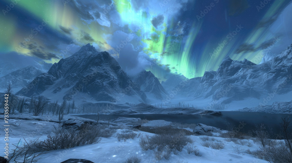 Majestic mountains under the winter sky with the aurora borealis