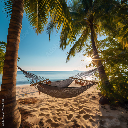 A serene beach with a hammock and palm trees.  © Cao