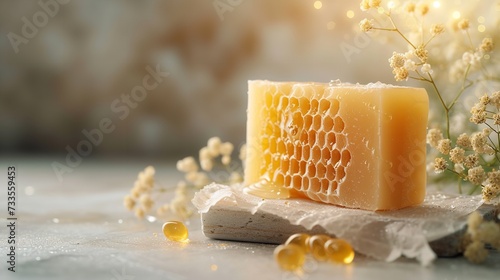 Natural honey on a large, polished surface with dipper delicious honeycombs, Generative AI.