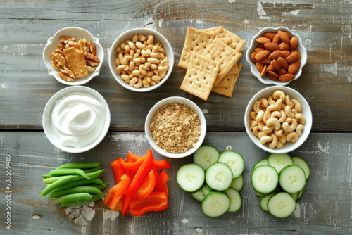A variety of healthy snacks  including crisp vegetables  nuts  seeds  and whole grain crackers