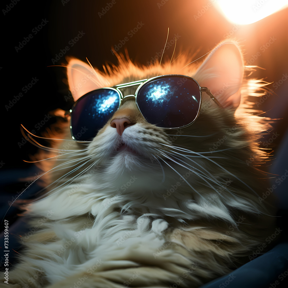 A cat wearing sunglasses in a sunbeam.
