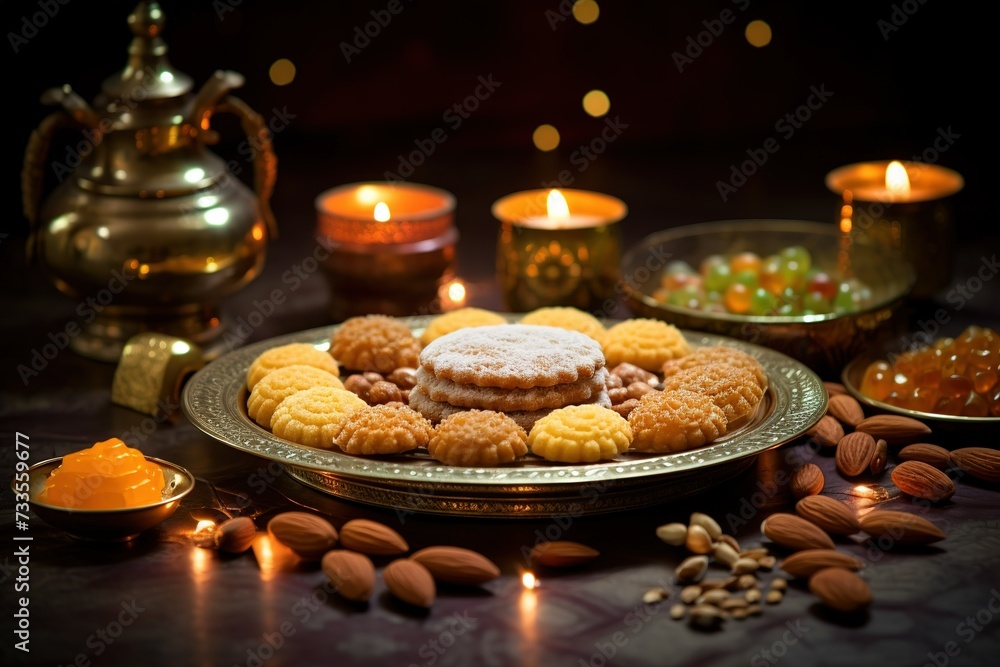 Deepavali cookies on a plate and table, surrounded by delicious sweet treats like maruku, ladoo and biscuits