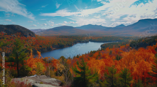 A panoramic view of mountains adorned with colorful autumn foliage