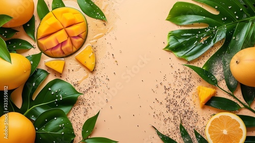 On a beige backdrop, deploy a mango and green leaf scrub to peel and exfoliate and space, Generative AI. photo