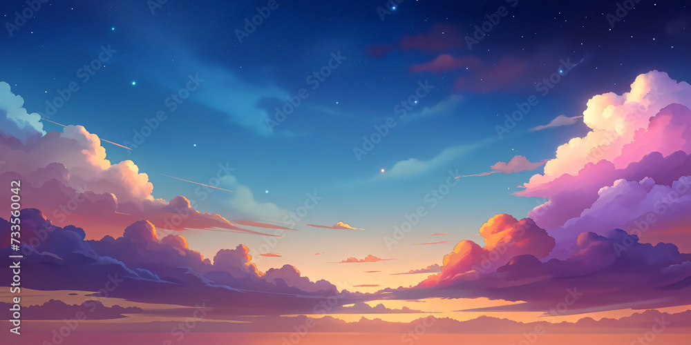 Colorful Sky Painting: Sunset and Sunrise Over Sea and Mountains Colorful Sky Painting: Sunset and Sunrise Over Sea and Mountains