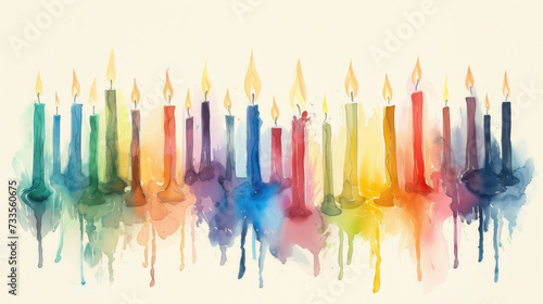 A watercolor celebration: multicolored birthday candles on white