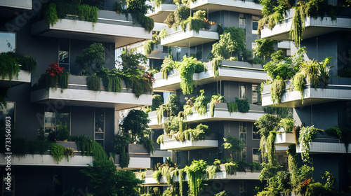 Sustainable green building in modern city. Green architecture. Eco-friendly building. Sustainable residential building with vertical garden reduce CO2. Apartment with green environment.