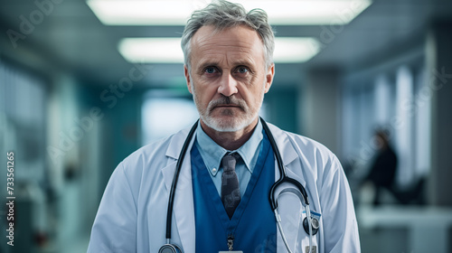 A doctor, clad in a white coat and stethoscope draped around his neck, stands in the premises of a hospital, his posture erect and demeanor exuding confidence and professionalism photo