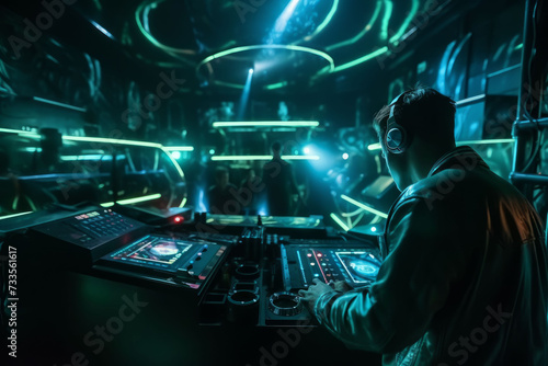 DJ player audio mixing electronic music in a nightclub party Created with Generative AI technology. © Sakrapee Nopparat