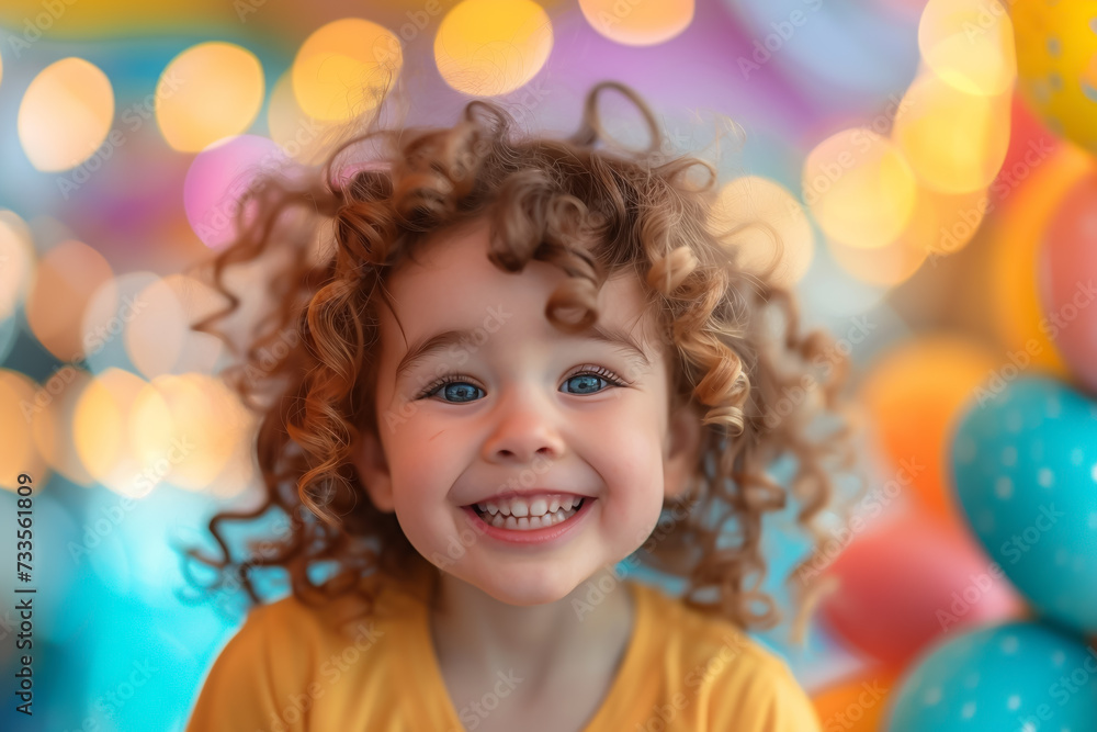 Happy Child with Curly Hair Surrounded by Easter Eggs Happy Child with Curly Hair Surrounded by Easter Eggs