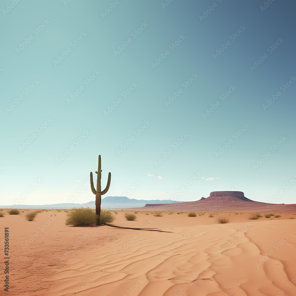 A minimalist desert landscape with a single cactus 