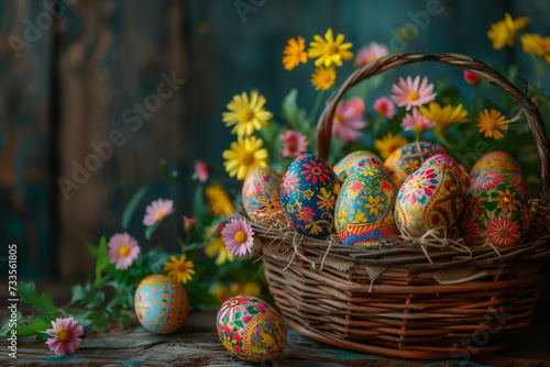 Ornate Easter Eggs in Basket with Spring Flowers