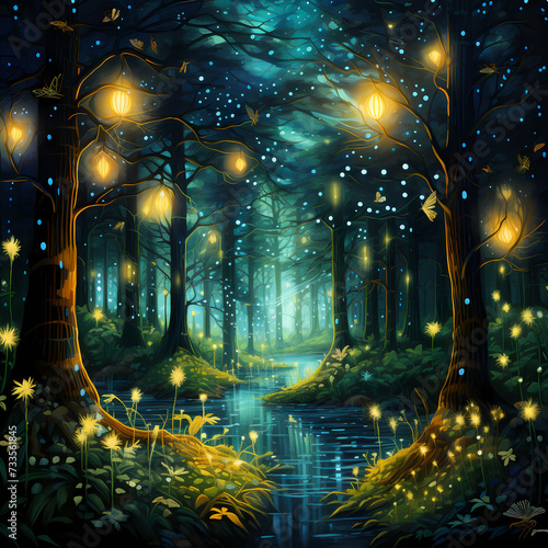 A magical forest with glowing fireflies.
