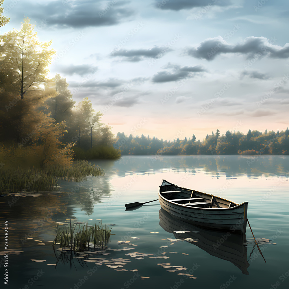 A peaceful lakeside scene with a rowboat. 