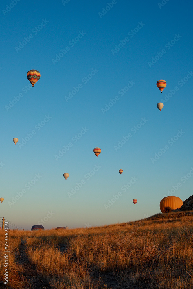 Obraz premium Hot air balloons flying against the blue cloudless sky