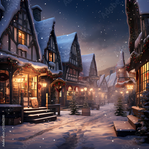 A snowy winter village with festive lights.