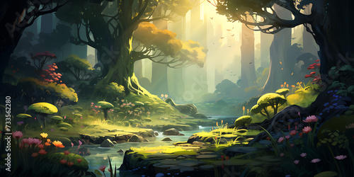 Fantasy landscape with forest and river. Digital art painting illustration.