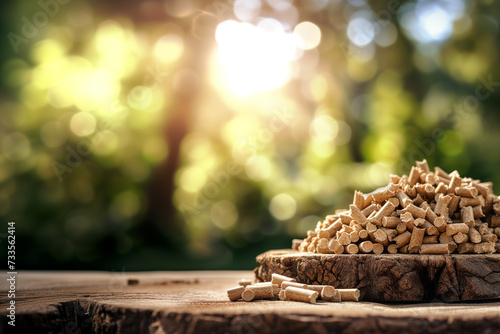 Stack of biomass wood pellets and woodpile on blurred background photo