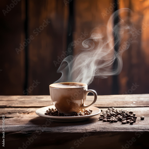 A steaming cup of coffee on a rustic wooden table.