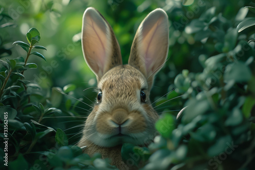 Alert Rabbit Hiding in Lush Garden Foliage © Nattawat