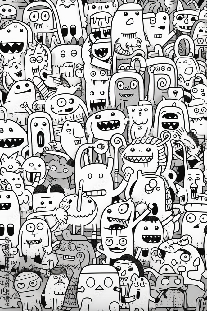 Illustration of coloring book doodle crowd cute alien monster Created with Generative AI technology.