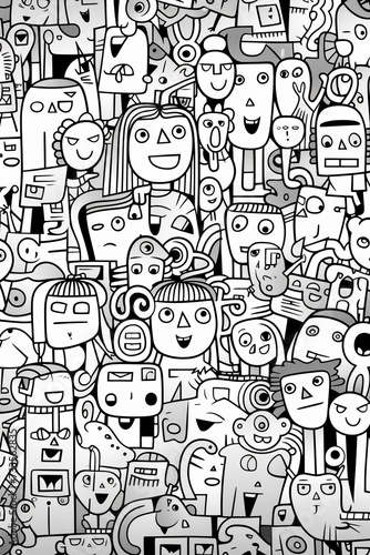 Illustration of coloring book doodle crowd cute alien monster Created with Generative AI technology.