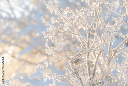 Close-up of a tree encased in ice against a snowy backdrop