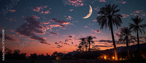 a crescent that is shining in the sky over the palm trees