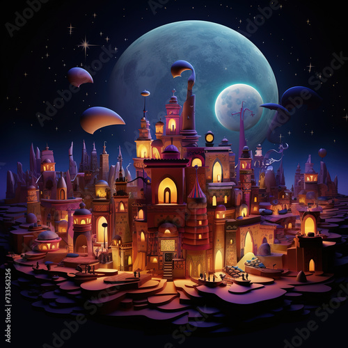 nighttime scene of a fantasy castle with a full moon in the background