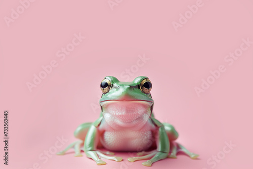 Dressed green frog isolated on the pastel pink background.