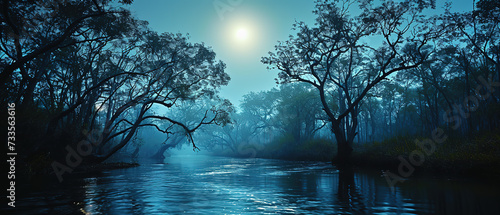a river with trees and a moon in the sky