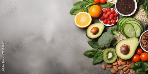 On a sleek gray concrete backdrop, a variety of healthy foods like fruits, veggies, seeds, superfoods, grains, and leafy greens are carefully arranged, promoting clean eating