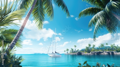 Beach with palm trees and a luxury yacht on the sea. Sunny day in tropical paradise. Beautiful bay view. AI Generated  © EarthWalker