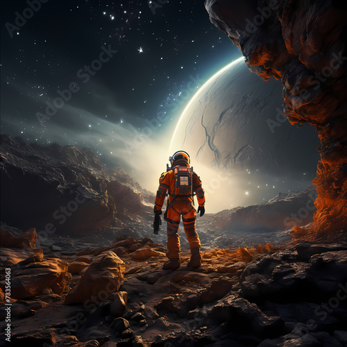 Astronaut exploring an alien planets surface.