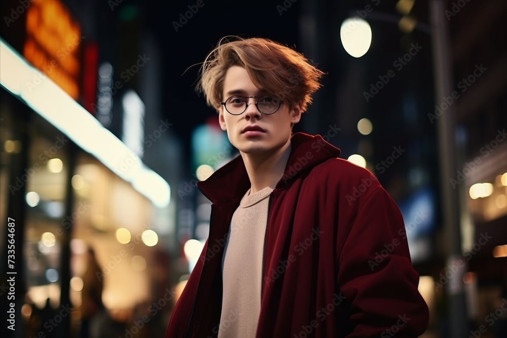 Portrait of a handsome young man in a red coat and glasses Portrait of a handsome young man in a red coat and glasses