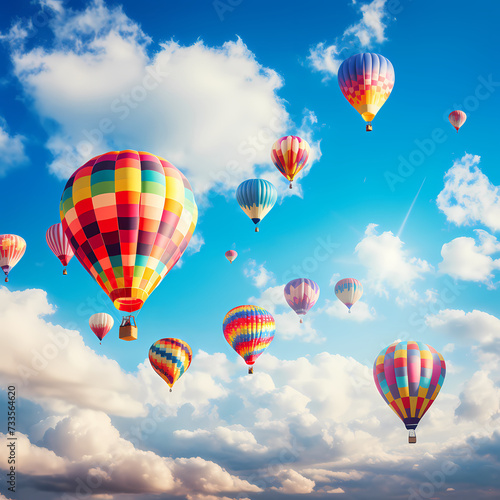 Colorful hot air balloons against a blue sky.