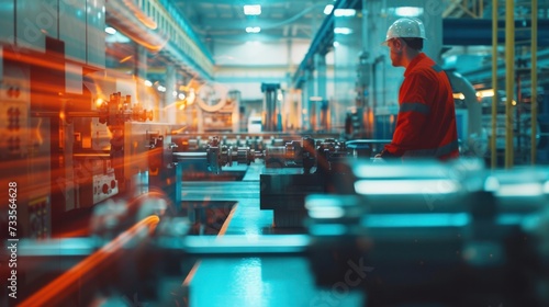 factory's lathe machines at work with an engineer monitoring, double exposure effect