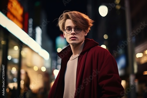 Portrait of a handsome young man in a red coat and glasses