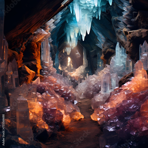 Crystal cave with shimmering gemstones. 