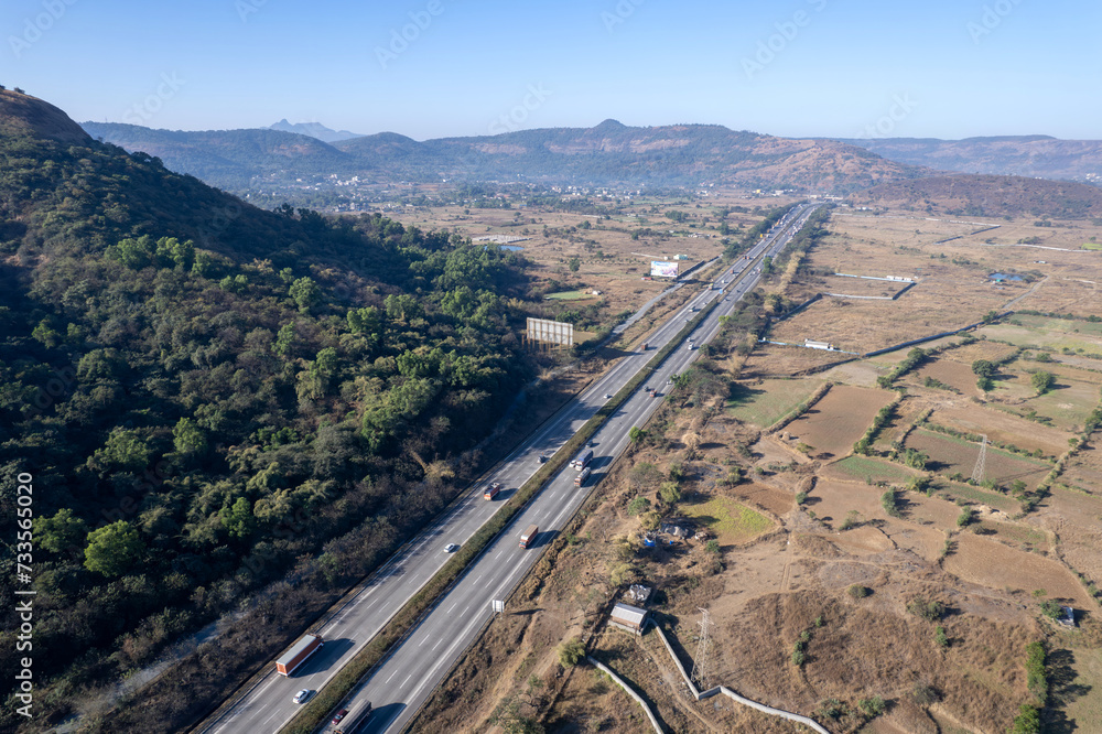 Aerial view of the Mumbai Pune Expressway near Pune India. The Expressway is officially called the Yashvantrao Chavan Expressway.