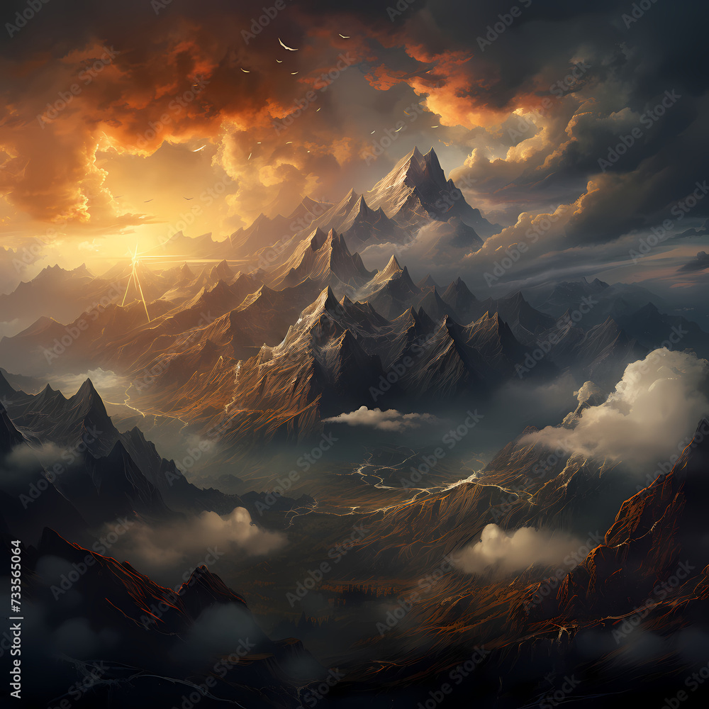 Dramatic clouds over a mountain range.