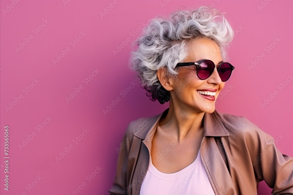 Portrait of a smiling mature woman in sunglasses on a pink background
