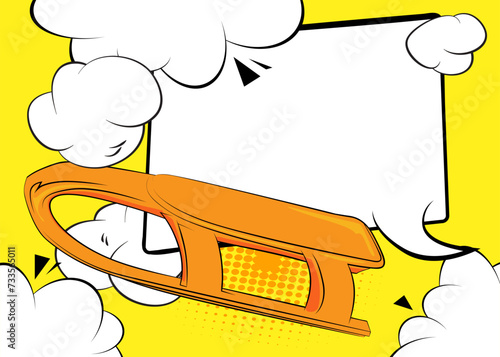 Cartoon Sled with blank speech bubble, comic book Toboggan background. Retro vector comics pop art design.