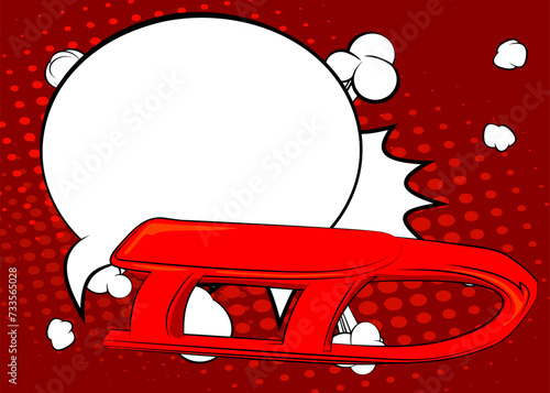 Cartoon Sled with blank speech bubble, comic book Toboggan background. Retro vector comics pop art design.