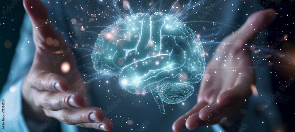 Fototapeta premium Futuristic concept of a holographic human brain being examined by hands in mid-air. The holographic brain glows in blue and green hues, creating a futuristic and technological atmosphere.