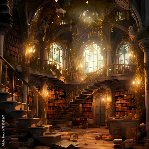 Enchanted library with books that come to life. © Cao